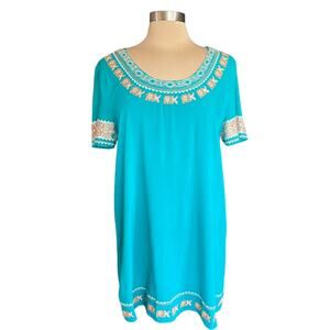 Mur Mur Aqua Tunic Embroidered Aztec Boho Sz MED Short Sleeves Casual Relaxed